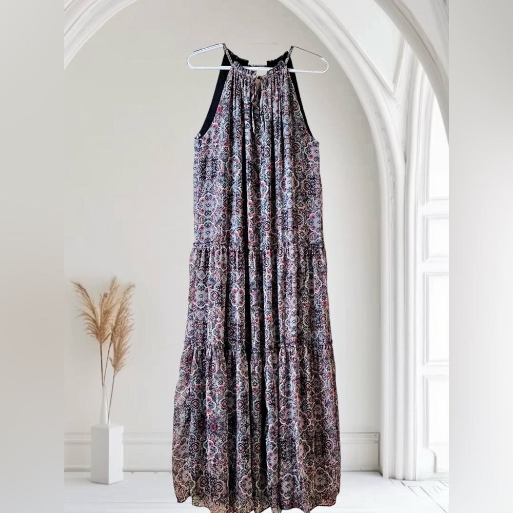 NWT DREW Anthropologie Navy Medallion Floral Tiered Boho Maxi Metallic Dress L